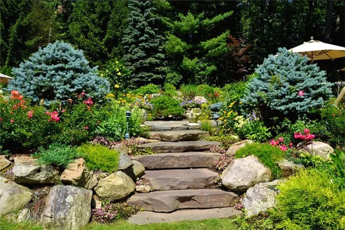 Каменные лестницы, как на фото, могут быть частью сада камней или скального сада