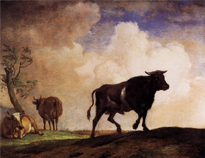 Телец и коровы, Паулюс Поттер 1649 г., Гемальдегалерия, Берлин, Германия.