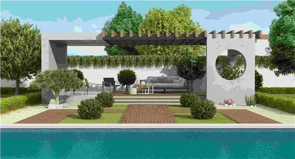 3D-визуализация сада с беседкой и бассейном